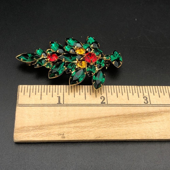 Vintage OTC Christmas Tree Brooch 2.5" Green Red Yellow Faceted Rhinestone Pin - Picture 6 of 8